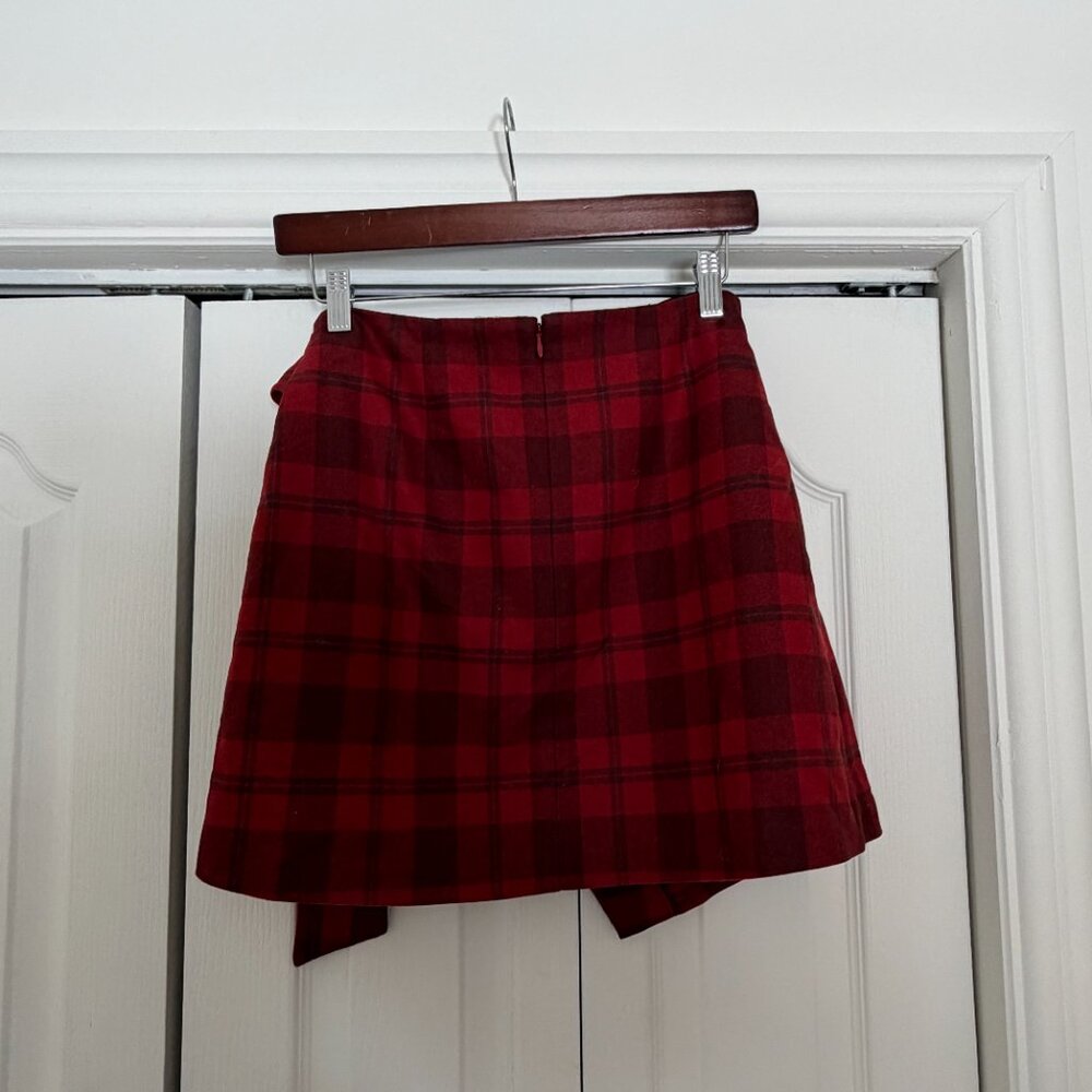 Red Plaid Wool Wrap Skirt – High-Waisted Mini Skirt - Picture 4 of 6